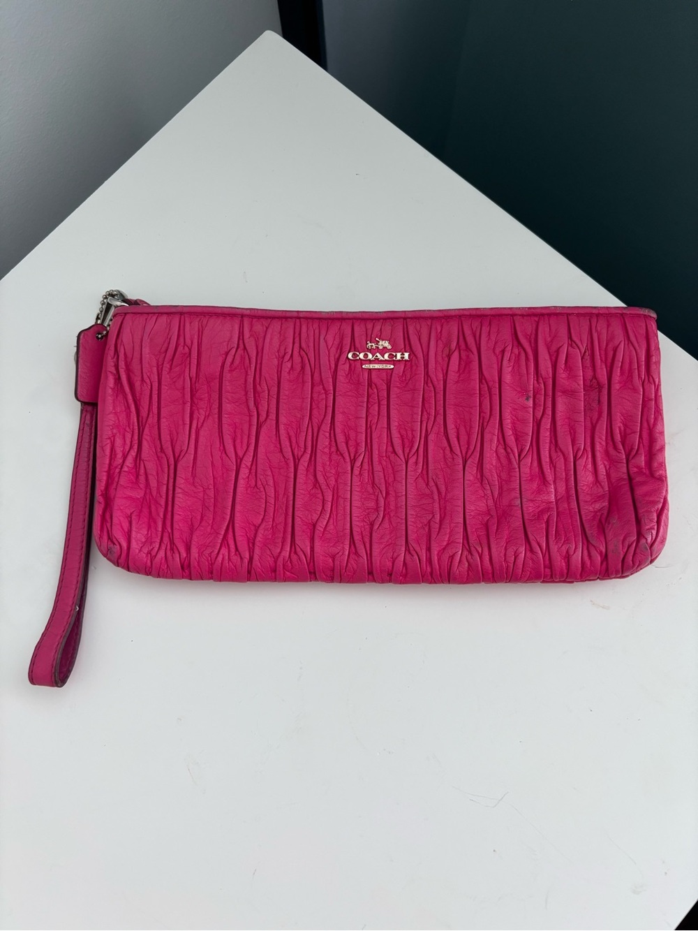 COACH Hot Pink Ruched Leather Wristlet Clutch